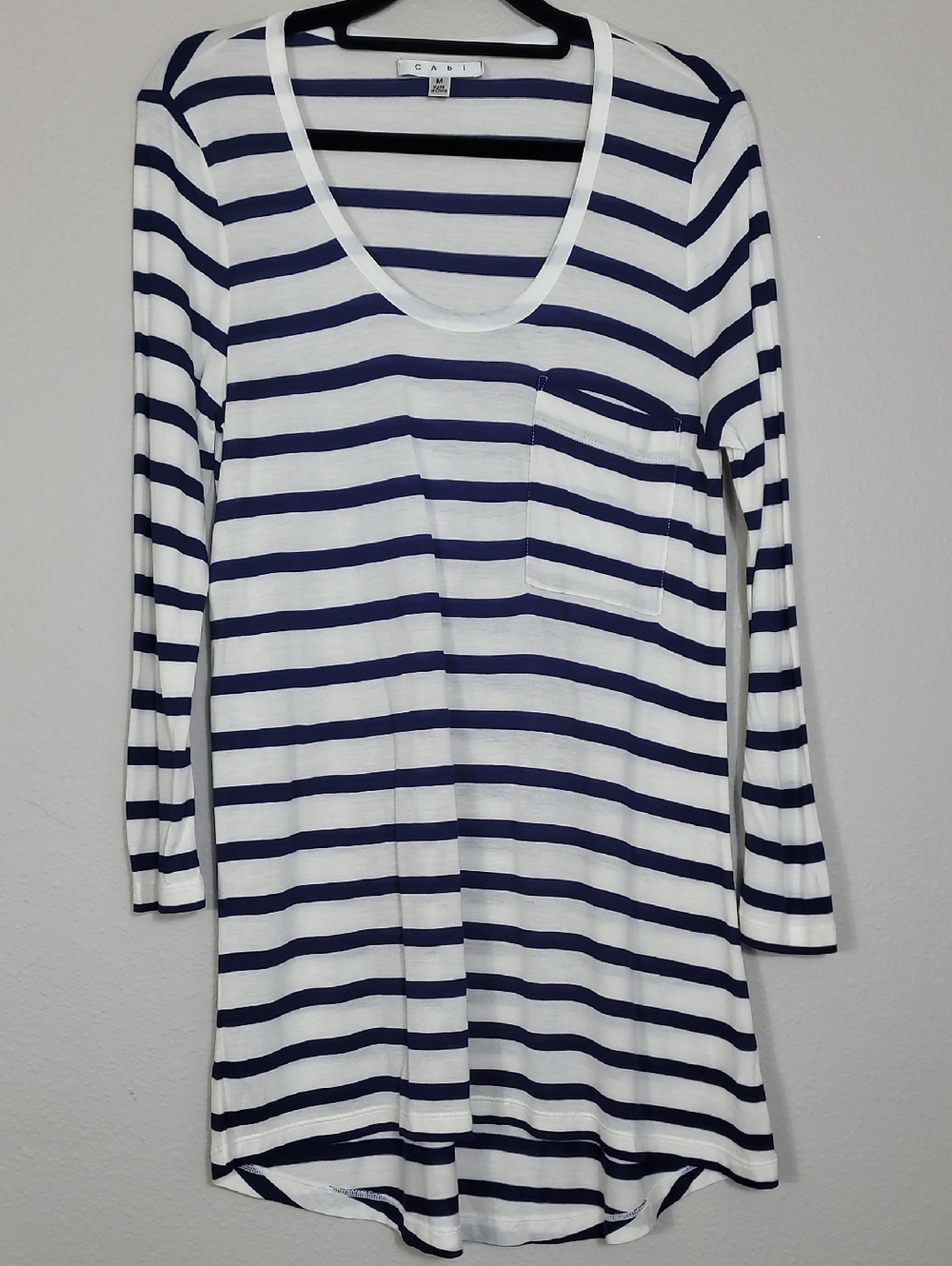 Cabi Bonjour Nautical Stripe Pocket Tee Size Medium Navy White 3/4 Sleeve Coasta